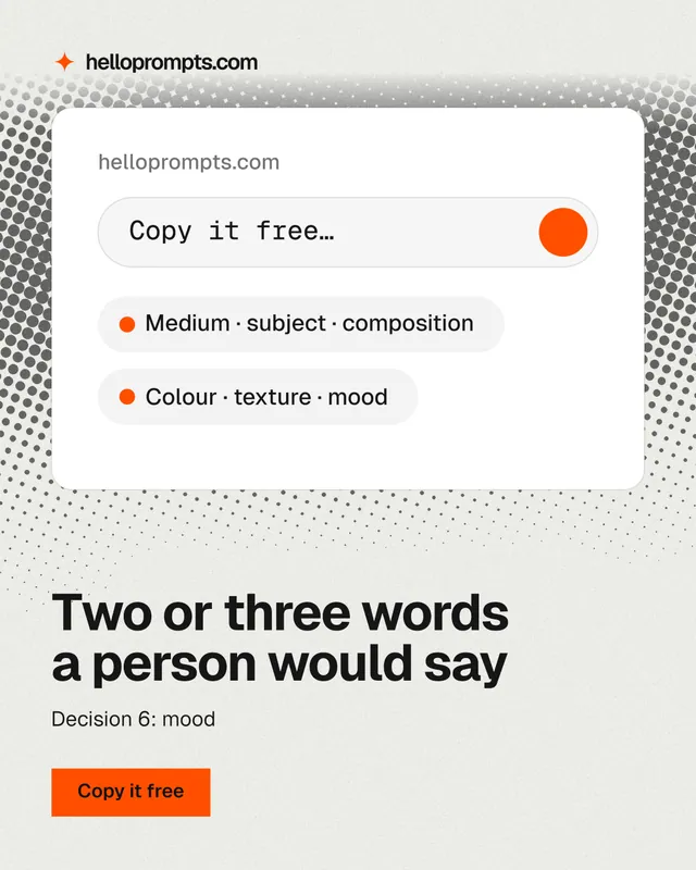Instagram portrait post for HelloPrompts: "Two or three words a person would say". Swiss style, bottom layout, light palette in white, grey.