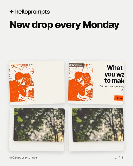Carousel for HelloPrompts: "New drop every Monday". Collection carousel, 8 slides, light palette.