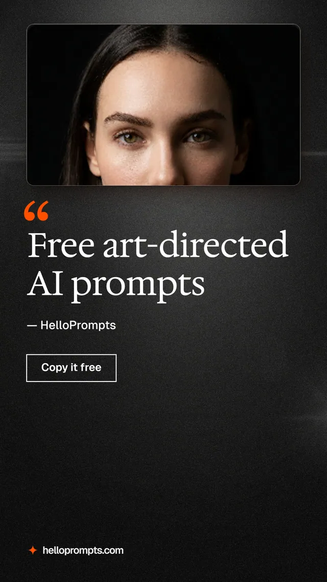 Instagram story for HelloPrompts: "Free art-directed AI prompts". Dark deco style, quote layout, dark palette in black, grey.
