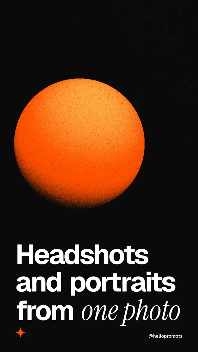 Instagram story for HelloPrompts: "Headshots and portraits from one photo". Auto 9x16 style, technique:shader field layout, dark palette in black, brown.