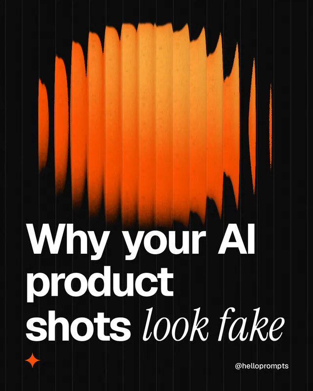Instagram portrait post for HelloPrompts: "Why your AI product shots look fake". Auto 4x5 style, technique:shader field layout, dark palette in black, orange.