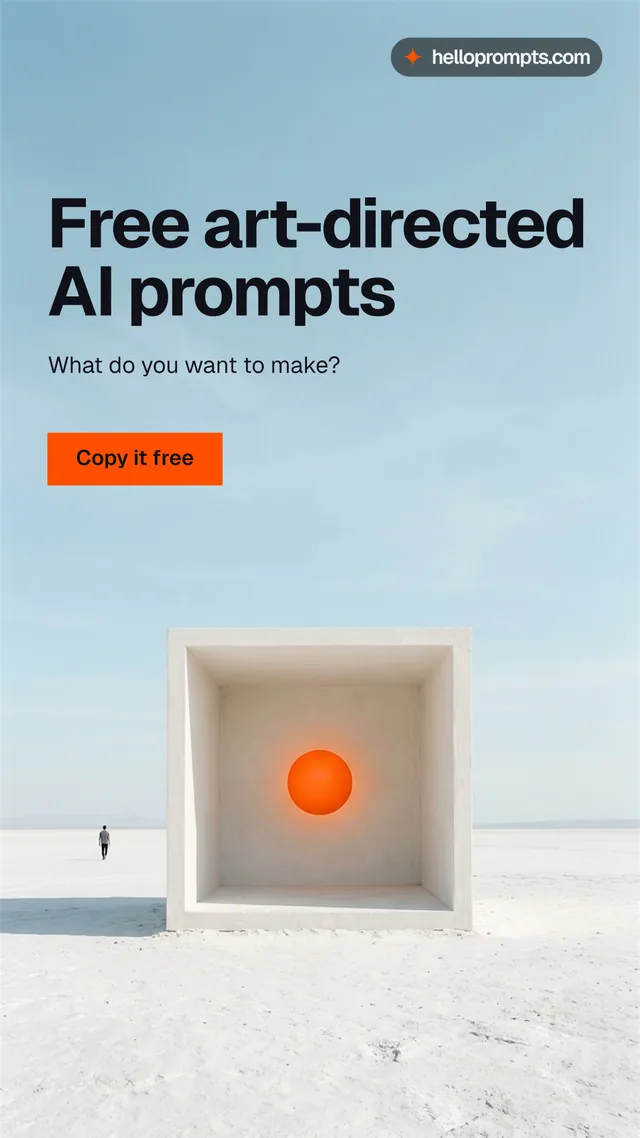 Instagram story for HelloPrompts: "Free art-directed AI prompts". Swiss style, bottom layout, light palette in white, blue, grey.