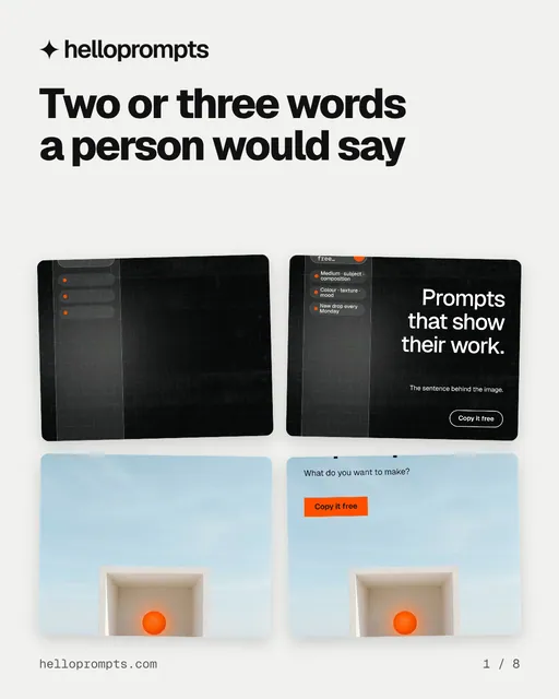 Carousel for HelloPrompts: "Two or three words a person would say". Collection carousel, 8 slides, light palette.