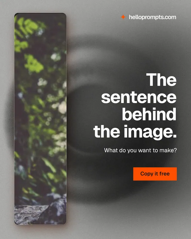 Instagram portrait post for HelloPrompts: "The sentence behind the image." Swiss style, right layout, dark palette in grey, black.