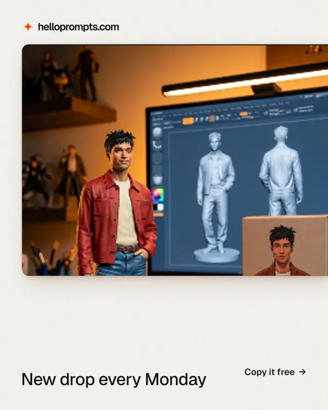Instagram portrait post for HelloPrompts: "New drop every Monday". Data card style, image led layout, light palette in white, grey, red.