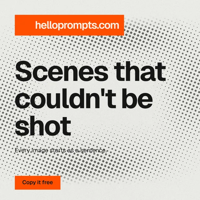 Instagram post for HelloPrompts: "Scenes that couldn't be shot". Swiss style, announce layout, light palette in white, brown.