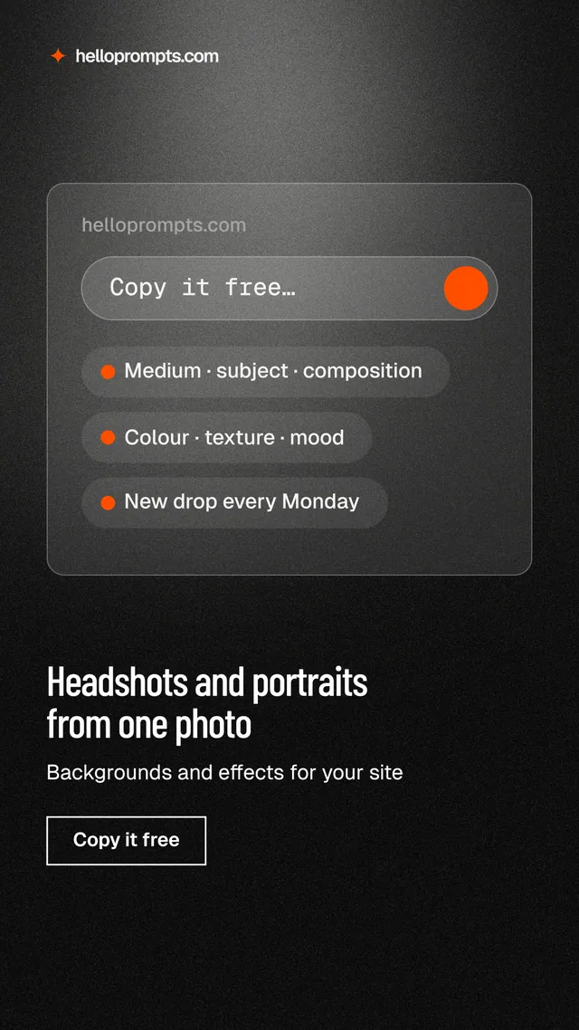 Instagram story for HelloPrompts: "Headshots and portraits from one photo". Dark deco style, bottom layout, dark palette in black, grey.