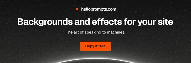 X header for HelloPrompts: "Backgrounds and effects for your site". Swiss style, centred layout, dark palette in black, grey.