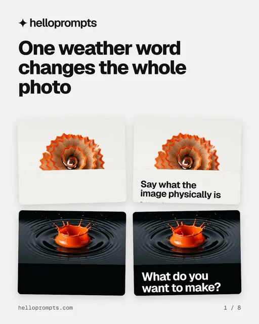 Carousel for HelloPrompts: "One weather word changes the whole photo". Collection carousel, 8 slides, light palette.