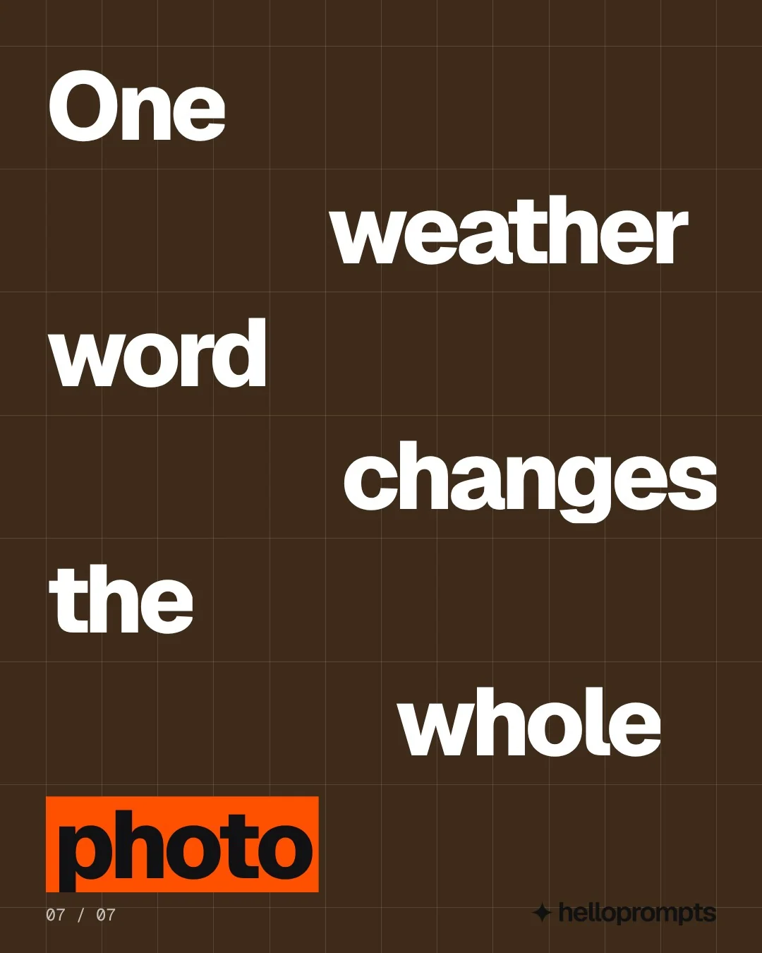 Video for HelloPrompts: "One weather word changes the whole photo". Kinetic type grid, 6.0 s, dark palette.