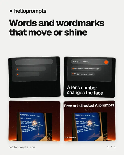 Carousel for HelloPrompts: "Words and wordmarks that move or shine". Collection carousel, 8 slides, light palette.