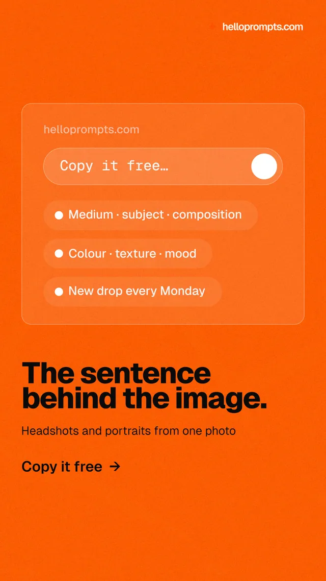 Instagram story for HelloPrompts: "The sentence behind the image." Turn card style, bottom layout, light palette in orange.