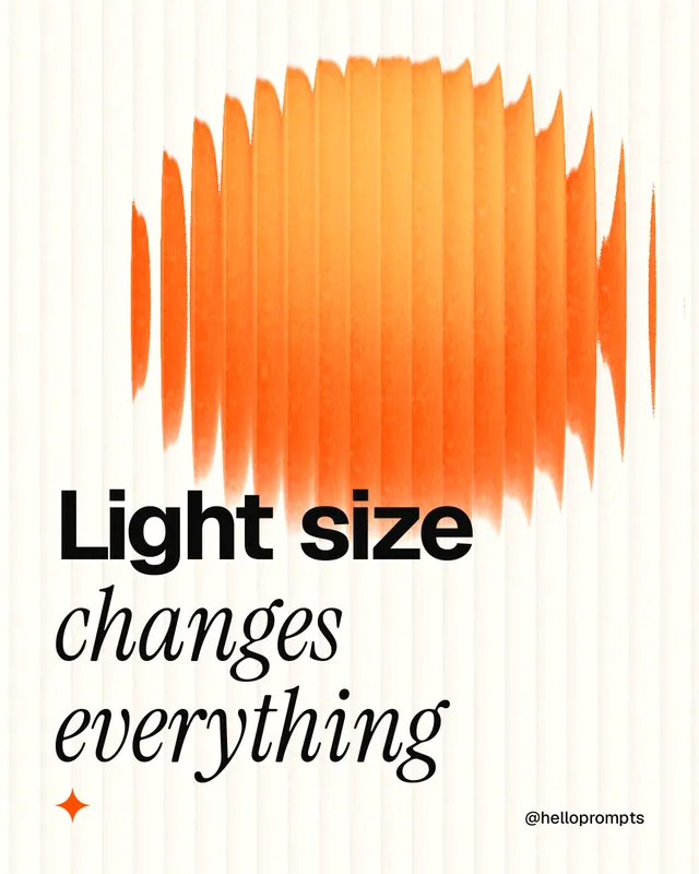 Instagram portrait post for HelloPrompts: "Light size changes everything". Auto 4x5 style, technique:shader field layout, light palette in orange, white.