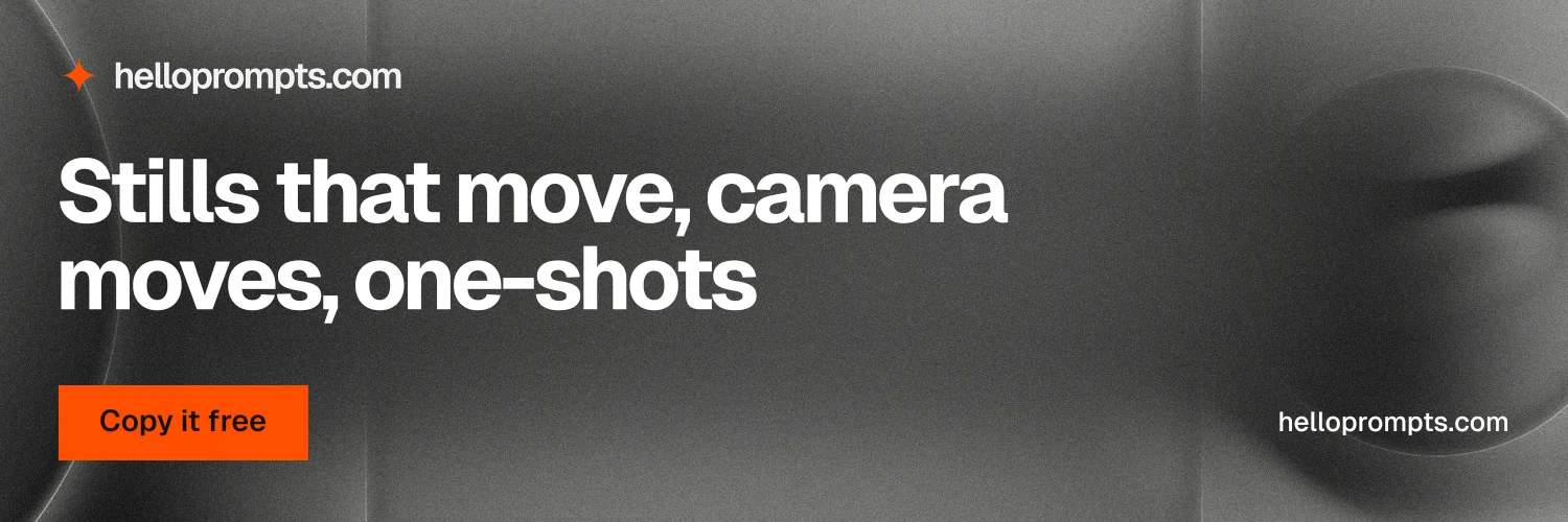 X header for HelloPrompts: "Stills that move, camera moves, one-shots". Swiss style, poster layout, dark palette in grey, black.