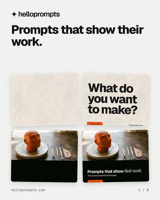 Carousel for HelloPrompts: "Prompts that show their work.". Collection carousel, 8 slides, light palette.
