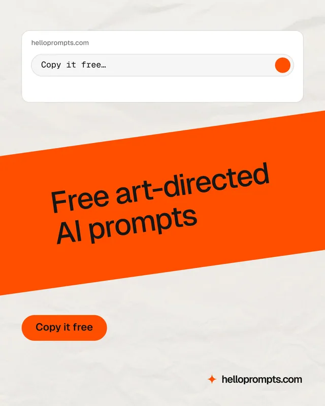 Instagram portrait post for HelloPrompts: "Free art-directed AI prompts". Data card style, diagonal layout, light palette in white, orange.