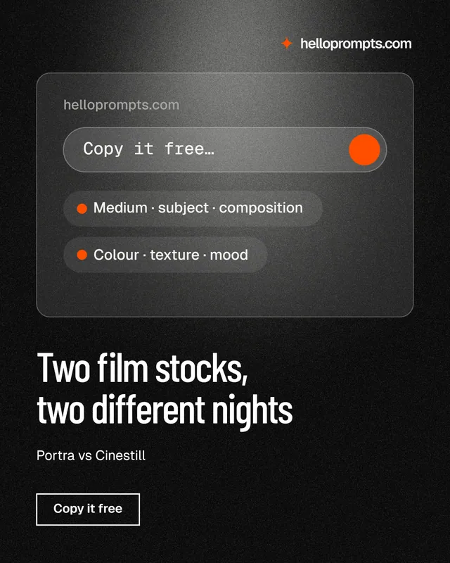 Instagram portrait post for HelloPrompts: "Two film stocks, two different nights". Dark deco style, bottom layout, dark palette in black, grey.