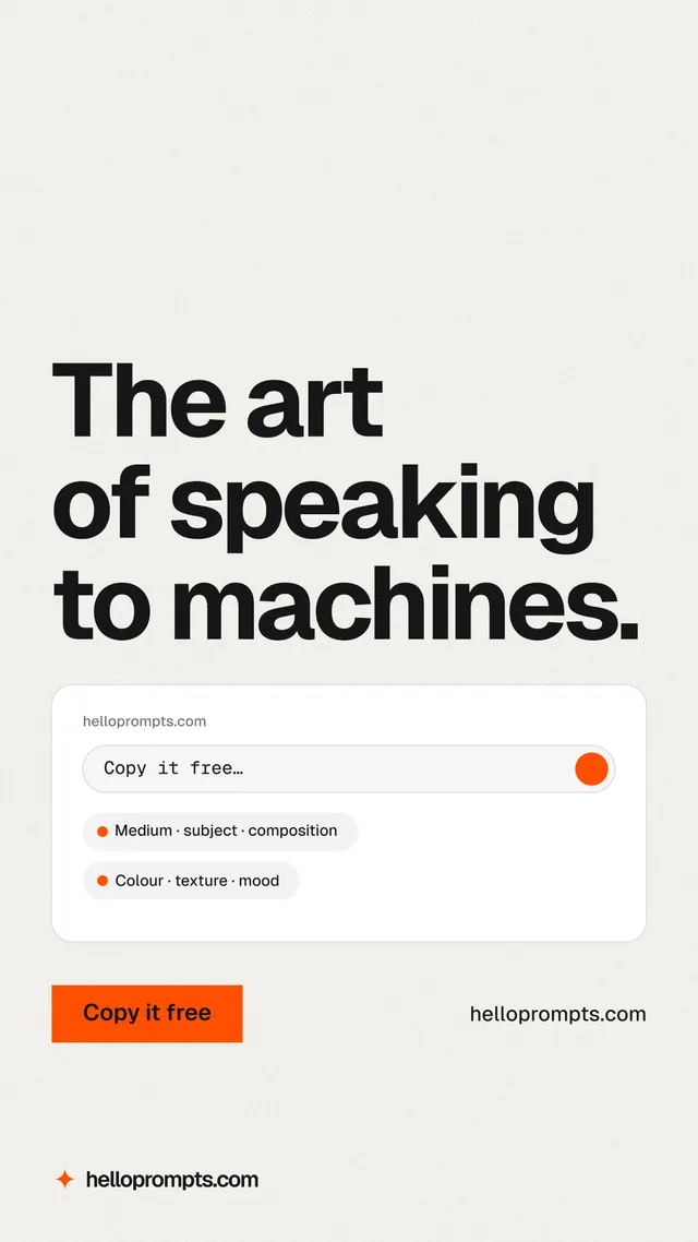 Instagram story for HelloPrompts: "The art of speaking to machines." Swiss style, poster layout, light palette in white, grey.