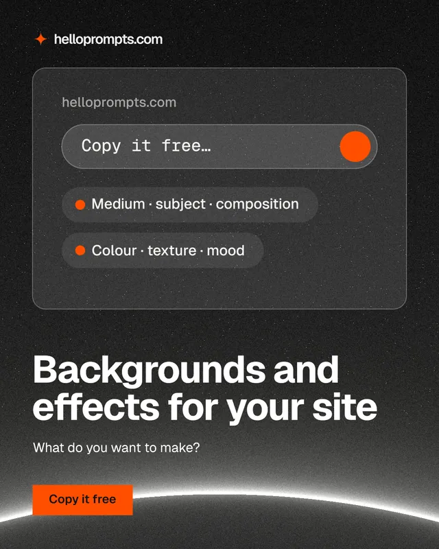 Instagram portrait post for HelloPrompts: "Backgrounds and effects for your site". Swiss style, bottom layout, dark palette in black, grey.