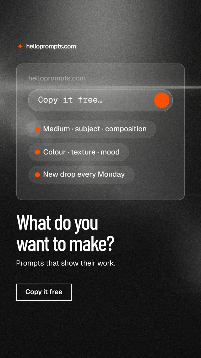 Instagram story for HelloPrompts: "What do you want to make?" Dark deco style, bottom layout, dark palette in black, grey.