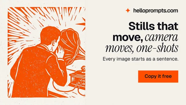 Landscape graphic for HelloPrompts: "Stills that move, camera moves, one-shots". Swiss style, right layout, light palette in white, orange.