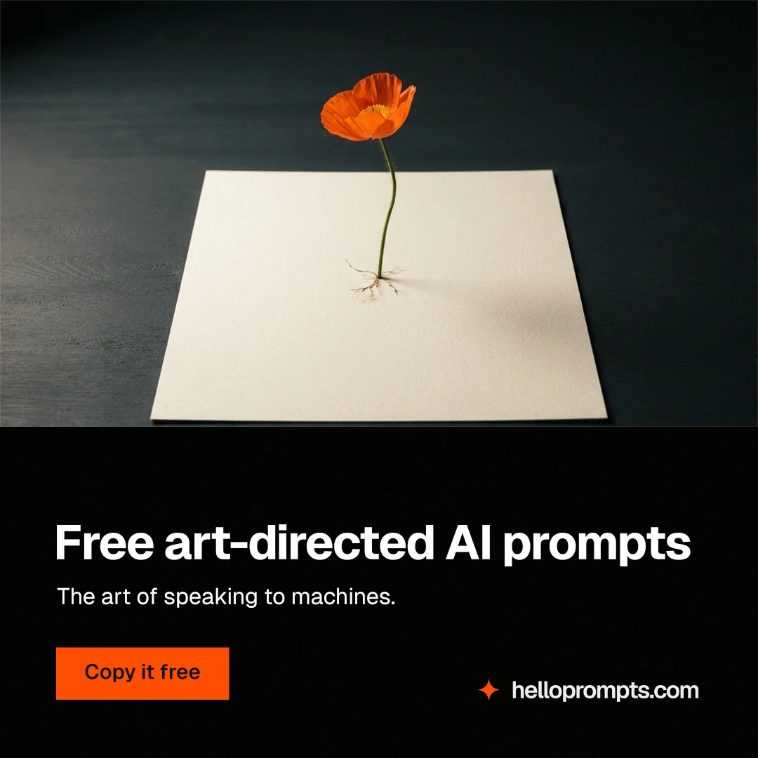 Instagram post for HelloPrompts: "Free art-directed AI prompts". Swiss style, bottom layout, dark palette in black, grey.