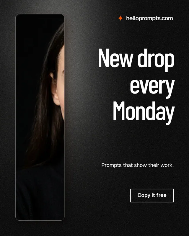 Instagram portrait post for HelloPrompts: "New drop every Monday". Dark deco style, right layout, dark palette in black, grey.