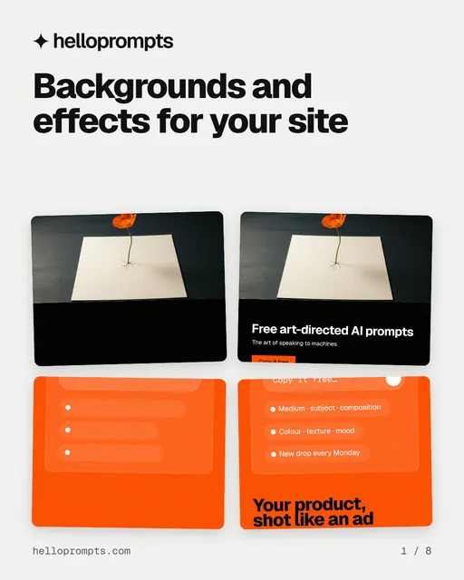 Carousel for HelloPrompts: "Backgrounds and effects for your site". Collection carousel, 8 slides, light palette.