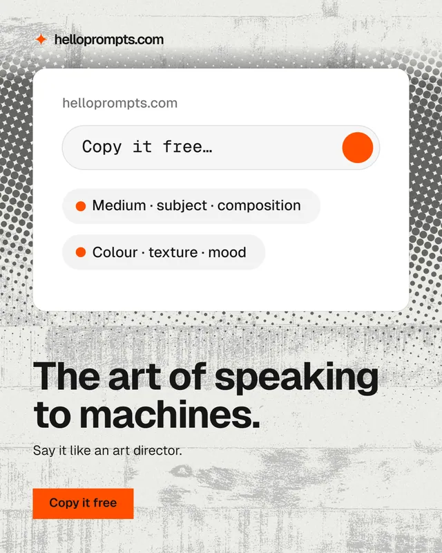 Instagram portrait post for HelloPrompts: "The art of speaking to machines." Swiss style, bottom layout, light palette in white, grey.