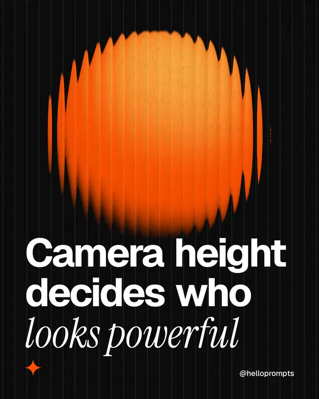 Instagram portrait post for HelloPrompts: "Camera height decides who looks powerful". Auto 4x5 style, technique:shader field layout, dark palette in black, orange.