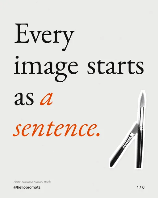 Carousel for HelloPrompts: "Every image starts as a sentence.". Cutout essay, 6 slides, light palette.