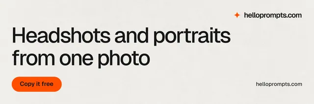 X header for HelloPrompts: "Headshots and portraits from one photo". Data card style, poster layout, light palette in white, grey.