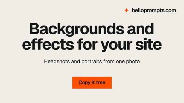 Landscape graphic for HelloPrompts: "Backgrounds and effects for your site". Swiss style, centred layout, light palette in white, yellow, grey.