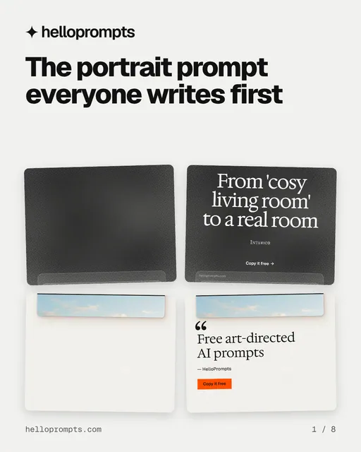 Carousel for HelloPrompts: "The portrait prompt everyone writes first". Collection carousel, 8 slides, light palette.