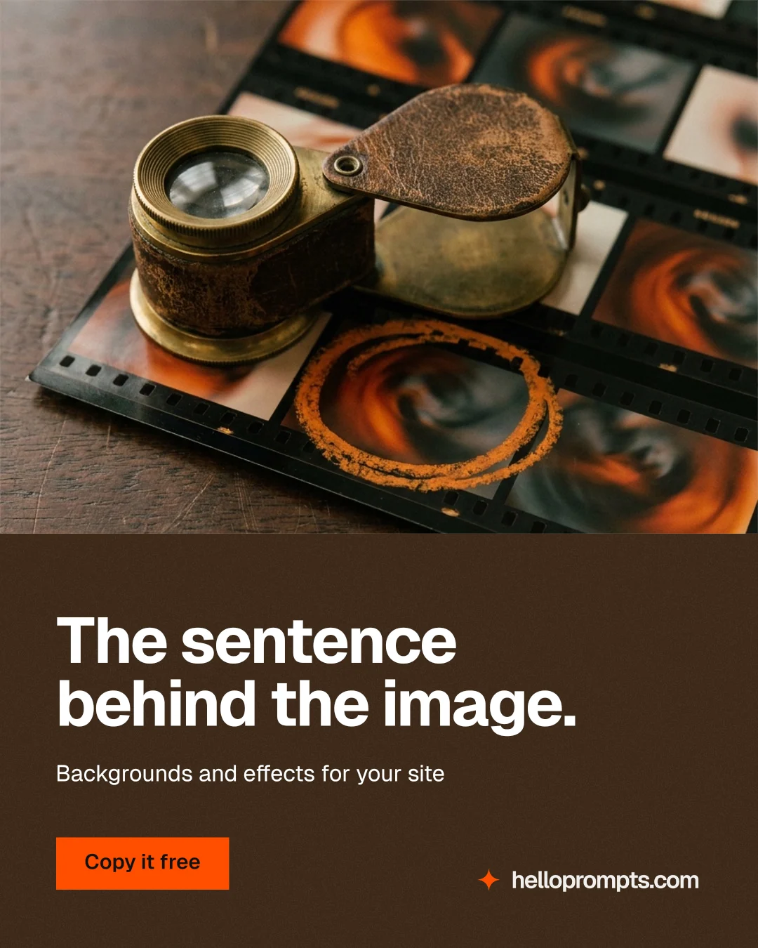 Instagram portrait post for HelloPrompts: "The sentence behind the image." Swiss style, bottom layout, dark palette in orange, black, grey.