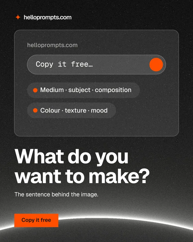 Instagram portrait post for HelloPrompts: "What do you want to make?" Swiss style, bottom layout, dark palette in black, grey.