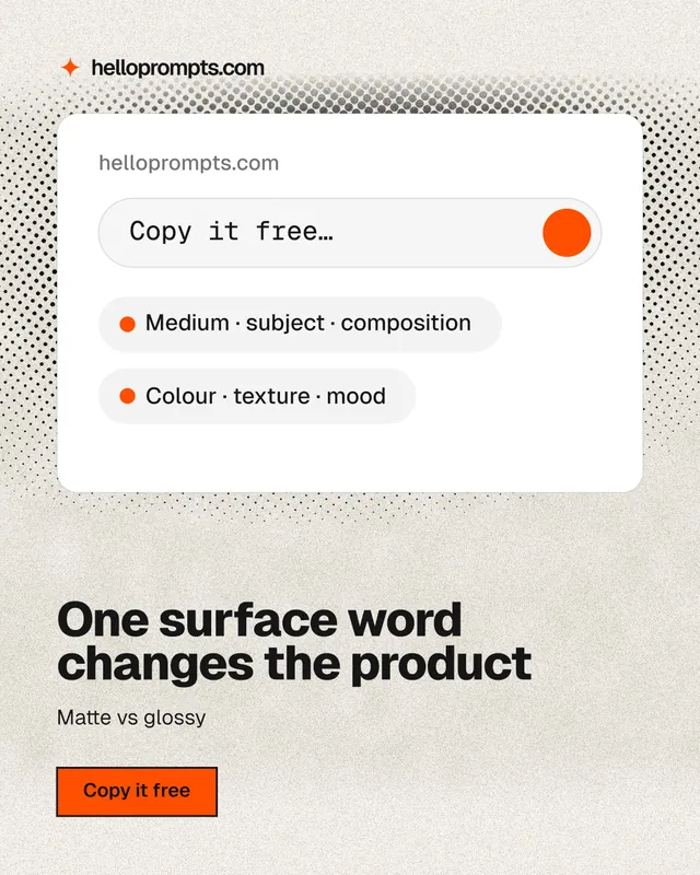 Instagram portrait post for HelloPrompts: "One surface word changes the product". Ink sticker style, bottom layout, light palette in white, orange, grey.