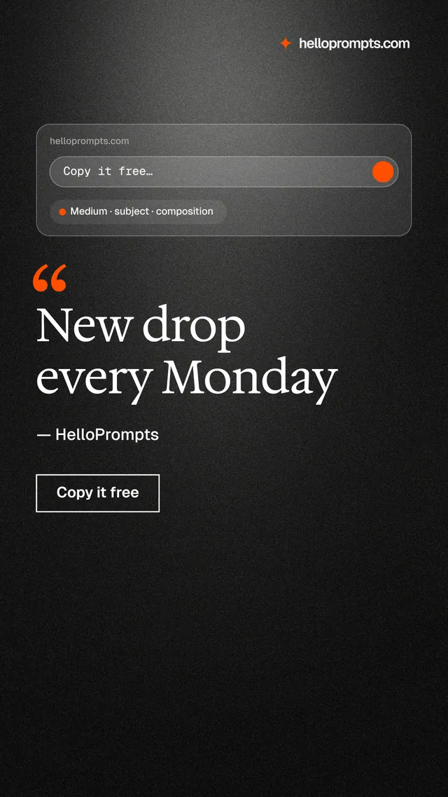 Instagram story for HelloPrompts: "New drop every Monday". Dark deco style, quote layout, dark palette in black, grey.