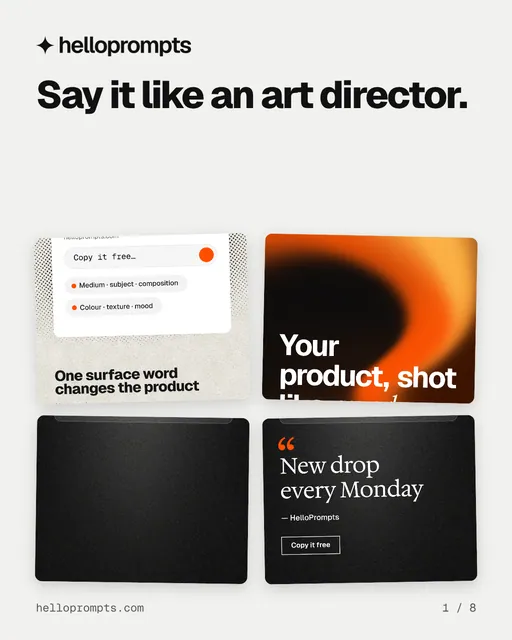 Carousel for HelloPrompts: "Say it like an art director.". Collection carousel, 8 slides, light palette.