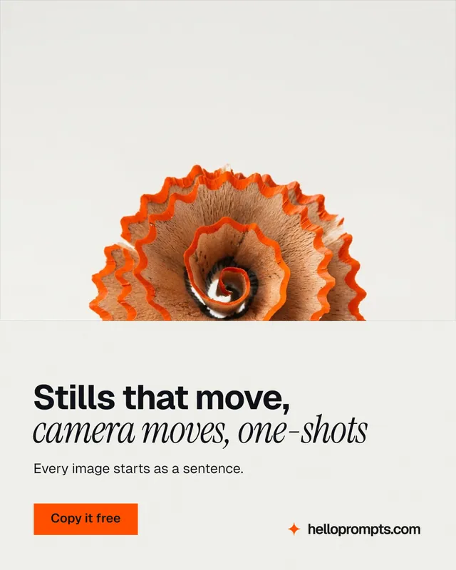 Instagram portrait post for HelloPrompts: "Stills that move, camera moves, one-shots". Swiss style, bottom layout, light palette in white, orange.