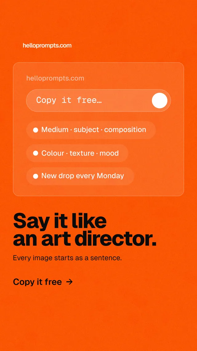 Instagram story for HelloPrompts: "Say it like an art director." Turn card style, bottom layout, light palette in orange.