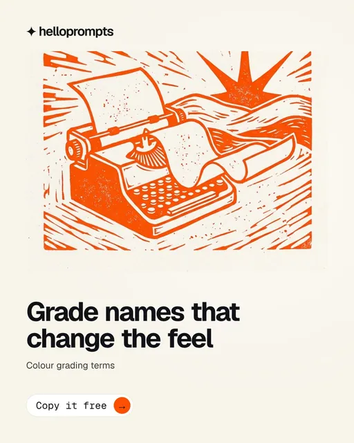 Video for HelloPrompts: "Grade names that change the feel". Doc motion loop, 6.0 s, light palette.