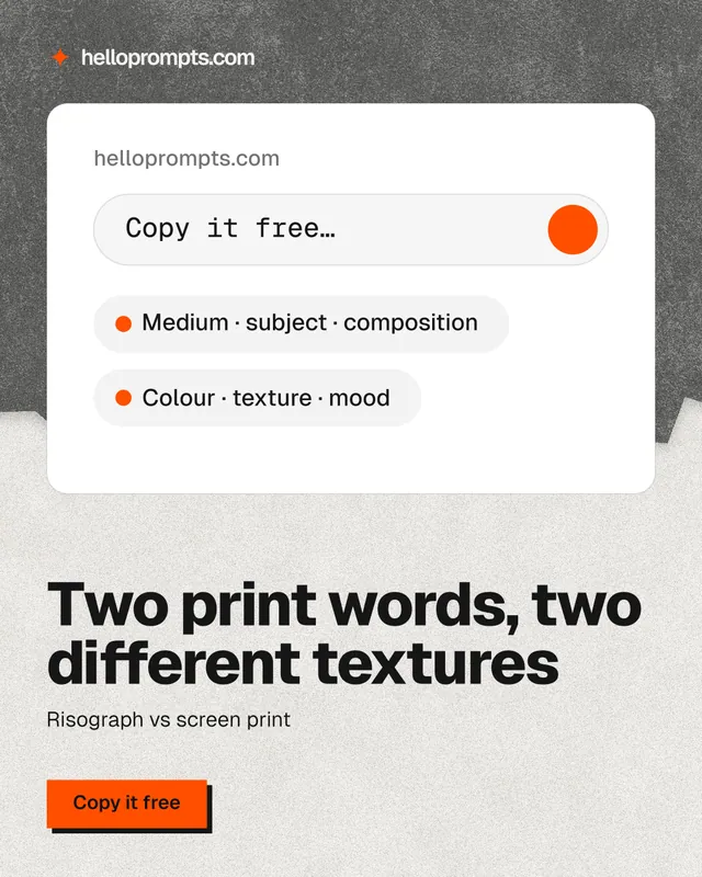 Instagram portrait post for HelloPrompts: "Two print words, two different textures". Paper trio style, bottom layout, light palette in white, grey.