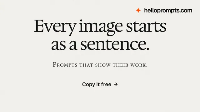 Landscape graphic for HelloPrompts: "Every image starts as a sentence." Data card style, smallcaps layout, light palette in white.