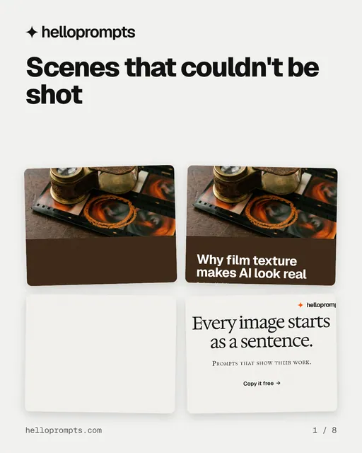 Carousel for HelloPrompts: "Scenes that couldn't be shot". Collection carousel, 8 slides, light palette.