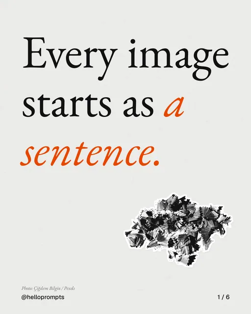 Carousel for HelloPrompts: "Every image starts as a sentence.". Cutout essay, 6 slides, light palette.