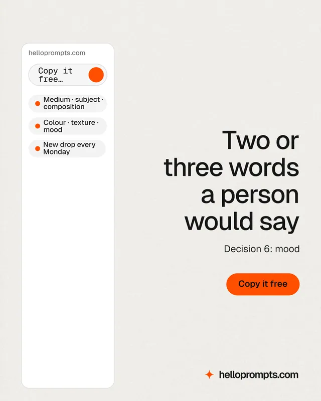 Instagram portrait post for HelloPrompts: "Two or three words a person would say". Data card style, right layout, light palette in white.