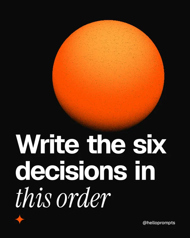 Instagram portrait post for HelloPrompts: "Write the six decisions in this order". Auto 4x5 style, technique:shader field layout, dark palette in black, brown.