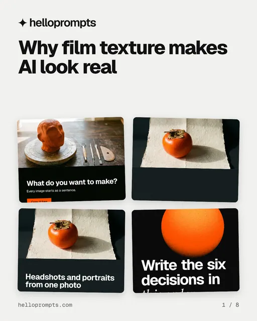 Carousel for HelloPrompts: "Why film texture makes AI look real". Collection carousel, 8 slides, light palette.