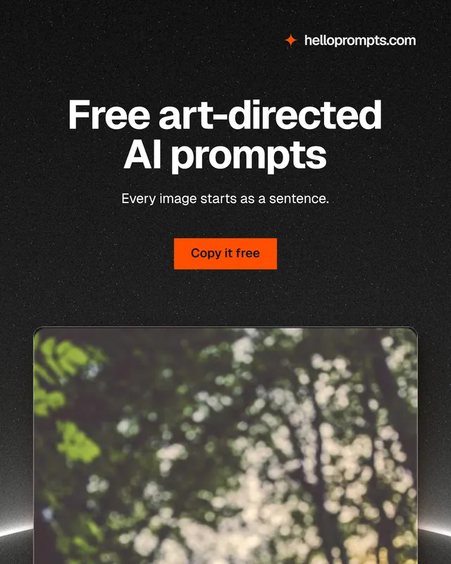 Instagram portrait post for HelloPrompts: "Free art-directed AI prompts". Swiss style, centred layout, dark palette in grey, black.